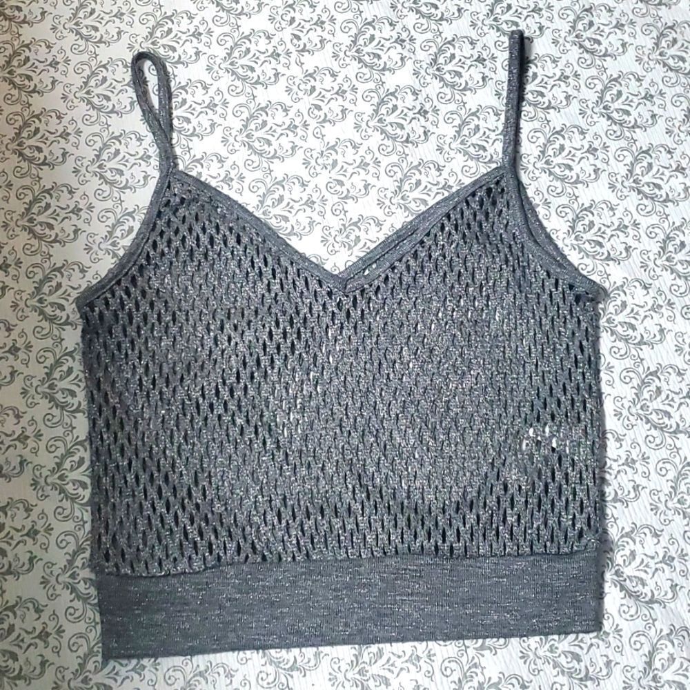 Zara Gray Mesh Metallic Tank Top Medium